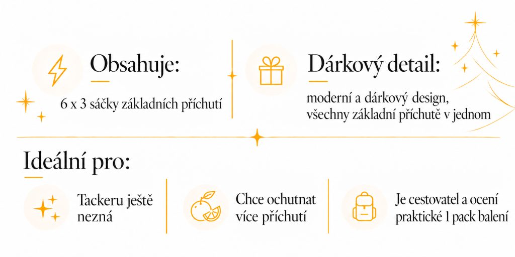 Vánoční ochutnávková sada Tackera s 18 sáčky a 6 základními příchutěmi